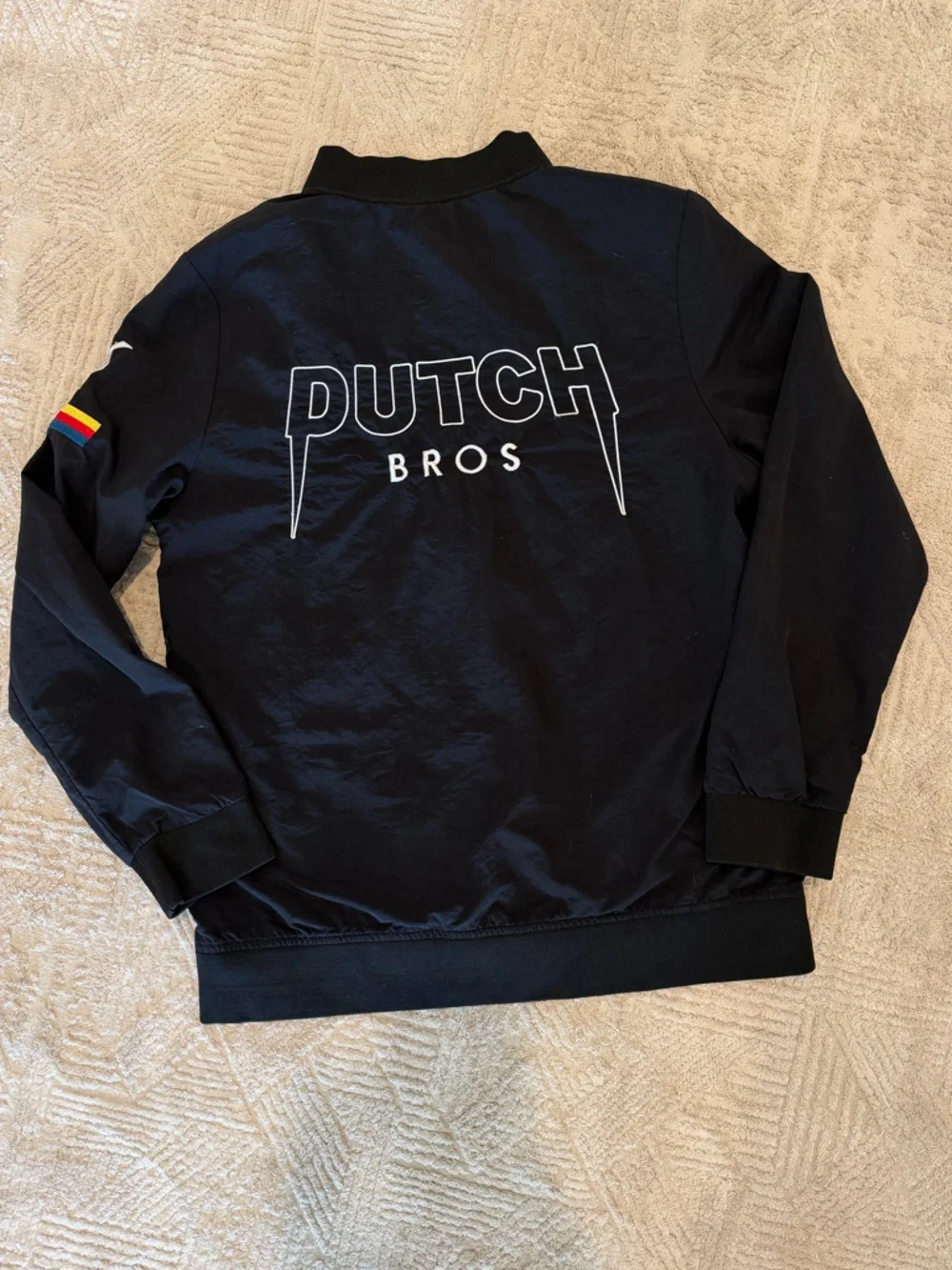 Dutch Bros Black Bomber Jacket with Multicolor Sleeve Stripe - Picture 3 of 3